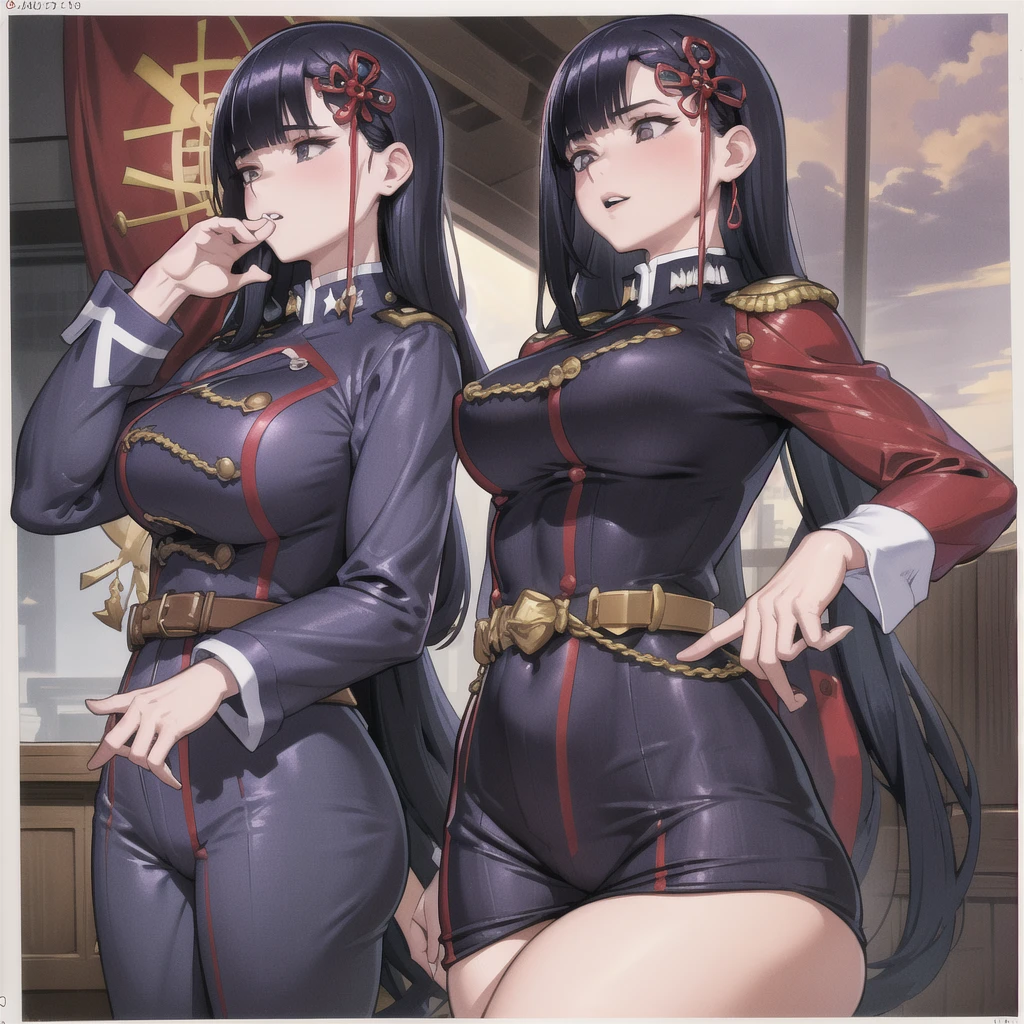 masterpiece, best quality, absurdres, YamashiroRen, blunt bangs, hair ornament, pajamas matching military uniform colors, provocative pose, large thighs, part of chest visible, 