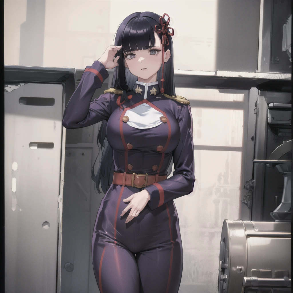 masterpiece, best quality, absurdres, YamashiroRen, blunt bangs, hair ornament, pajamas matching military uniform colors, provocative pose, large thighs, part of chest visible, 