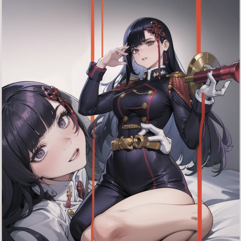 masterpiece, best quality, absurdres, YamashiroRen, blunt bangs, hair ornament, pajamas matching military uniform colors, provocative pose, large thighs, part of chest visible, 