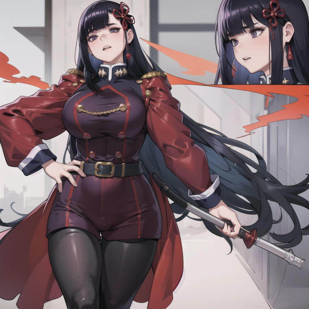 masterpiece, best quality, absurdres, YamashiroRen, blunt bangs, hair ornament, pajamas matching military uniform colors, provocative pose, large thighs, part of chest visible, 