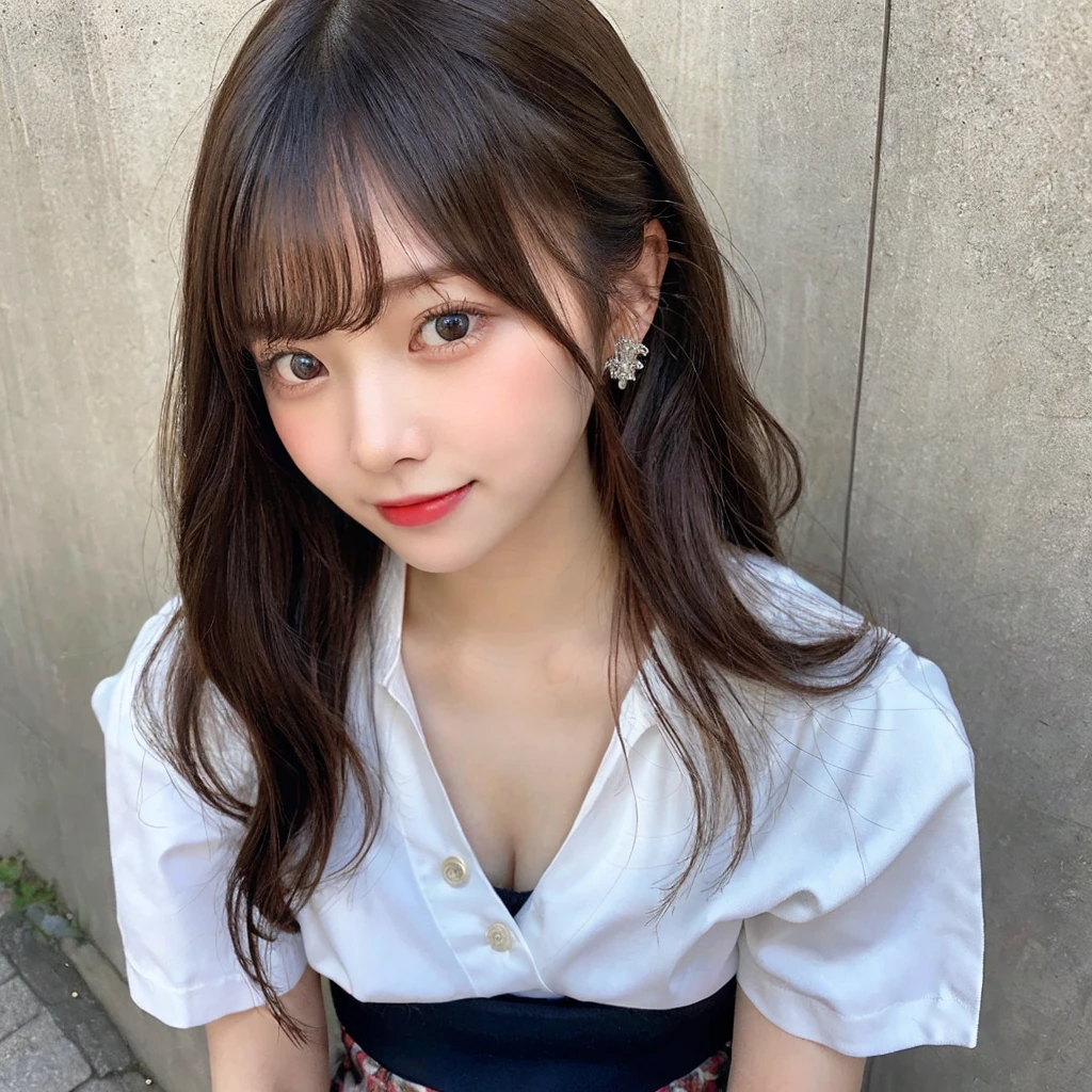 Smile、natta、Raw photography、(((Ultimate Beauty Portrait)))、((glistning skin))、1 girl、21 year old beautiful girl in Prague、bright expression、((brown haired))、(cleavage of the breast)、(flered skirt:1.5)、((Big eyes that shine like jewels))、open cardigan、Open your clothes、panthyhose、Glossy glossy skin、(Medium Hair)、(Silky Ponytail Hair)、(is standing)、(frombelow)、Under the skirt、(Close-up of underwear from below)、eye liner、Beautiful bangs,perfect body ,Hair between the eyes、((masterpiece、top-quality、ultra-detailliert、Film Light、intricate-detail、hight resolution、ighly detailed))、Detailed background、8KUHD、Digital SLR、Soft light、hightquality、Film grain、FujifilmXT3 、Shallow depth of field、natural soft light、Kamimei、Lush bust