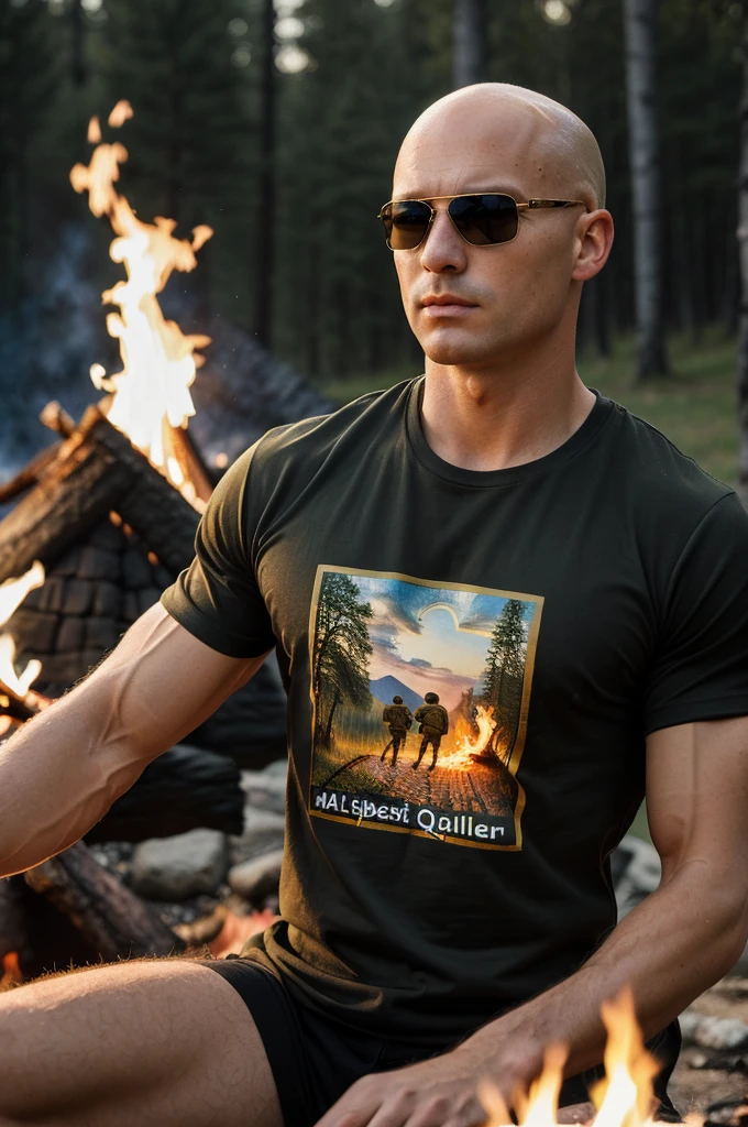 ((8k ((best quality)), ((masterpiece)), (very detailed), real face bald male muscular male soldier upper body wear t-shirt sunglasses sit by campfire at night