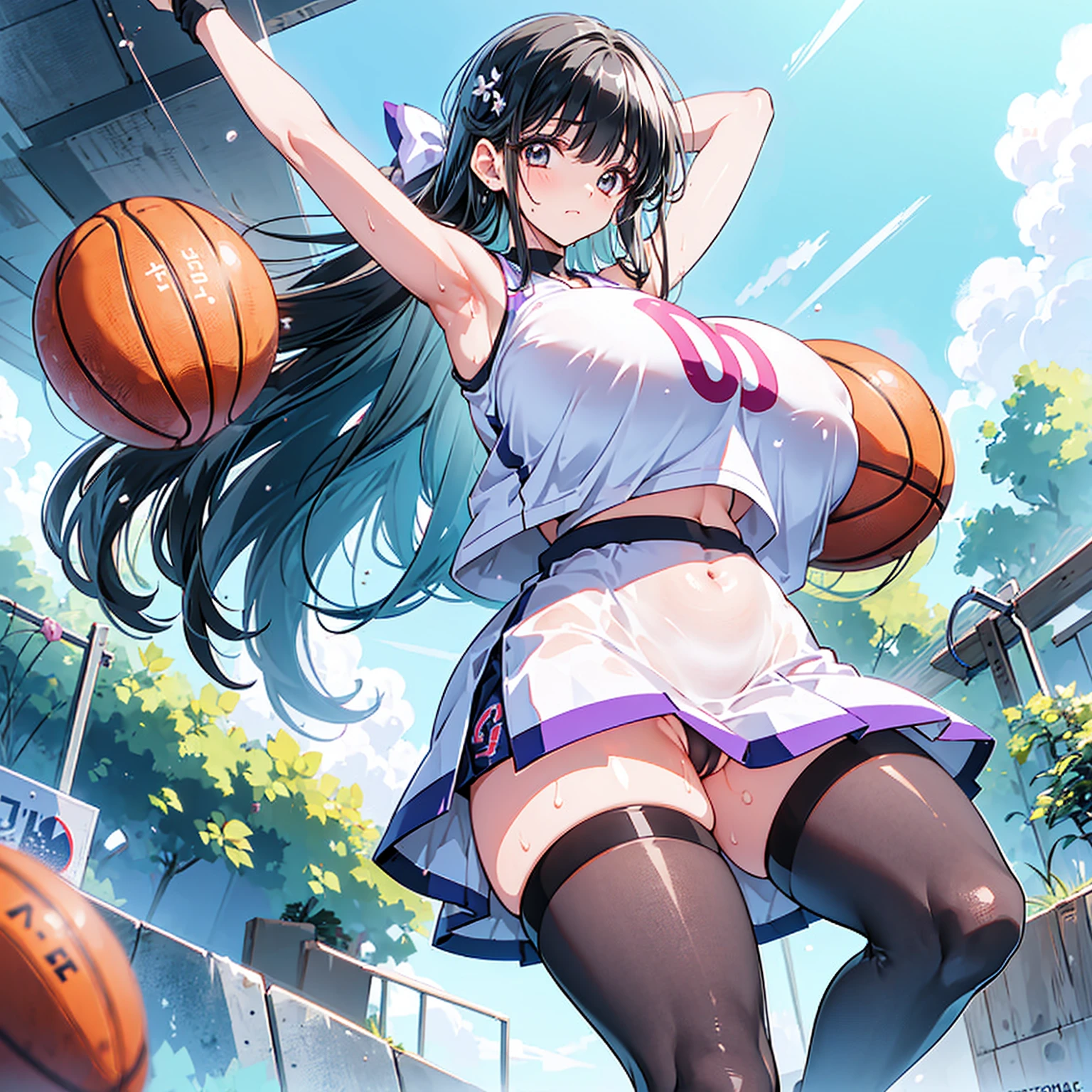 (gigantic breasts), (vulgarity)) ((large areolae)) (1girl), (vulgarity) (in heat) (sweat) (masterpiece) (high resolution)) (gigantic breasts),(1girl) beautiful girl,(cameltoe)(((gigantic breasts))),Basketball player a cartooned woman wearing a basketball jersey is holding a basketball in mid air, breasts, covered nipples, gigantic breasts, basketball, cameltoe, thighhighs, arms up, long hair, black hair, skirt, huge breasts, sportswear, skindentation, 1girl, partially visible vulva, solo focus,1girl, playing basketball, basketball court