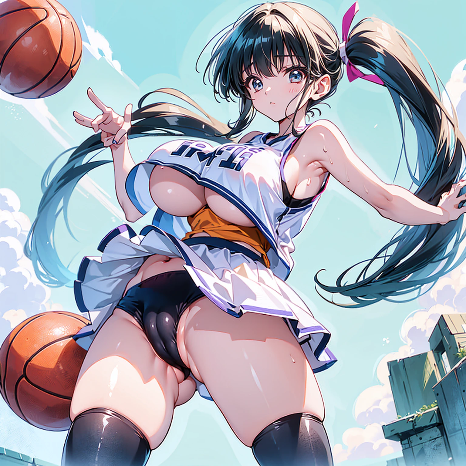 (gigantic breasts), (vulgarity)) ((large areolae)) (1girl), (vulgarity) (in heat) (sweat) (masterpiece) (high resolution)) (gigantic breasts),(1girl) beautiful girl,(cameltoe)(((gigantic breasts))),Basketball player a cartooned woman wearing a basketball jersey is holding a basketball in mid air, breasts, covered nipples, gigantic breasts, basketball, cameltoe, thighhighs, arms up, long hair, black hair, skirt, huge breasts, sportswear, skindentation, 1girl, partially visible vulva, solo focus,1girl, playing basketball, basketball court