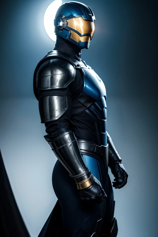highres:1.2), ultra-detailed, realistic, superhero man, godly metal black armor with bits of blue, black cape, black gloves, black stripes on both sides of arms with blue, no logo on armor, wears a fully black astronaut helmet with golden visor, superhero base, cinematic lighting, dramatic shadows, volumetric lighting, epic fantasy, hyper detailed, majestic, awe-inspiring, heroic, powerful pose