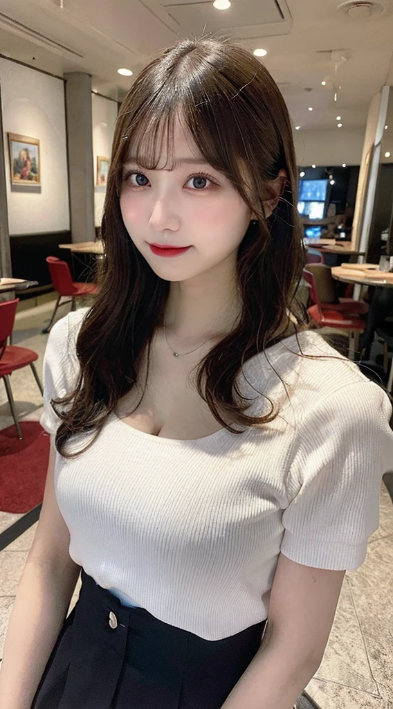 Tabletop, Highest quality, figure, Super detailed, In detail, High resolution, 8k wallpaper, Perfect dynamic composition, Beautiful fine details, Natural Lip, Color T-shirt,Wearing a miniskirt , Big Breasts, Cleavage, whole body,Drive Date,Assistant seat