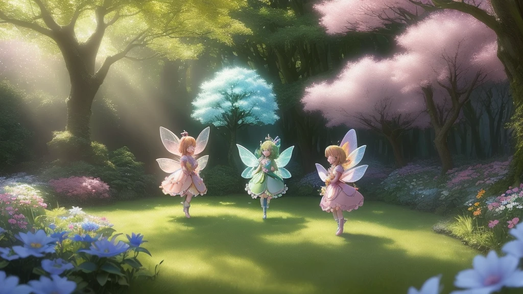 animations、Fantasy World、Fairies laugh、kawaii、Chibi Fairy、Looking at this from the tree、(masterpiece:1.2), (best quality,:1.2), 8k, HDR, ultra detailed, ((photorealistic)), professional light, cinematic lighting, fashion photography, ambient lighting, a group of fairies dancing on a clearing in a magical fantasy forest, feyfa, style-sylvamagic, epiCPhoto、masterpiece、top-quality、ultra-detailliert、(Chibi Chara Fairy:1.2)、tickle,lol,LMAO,XD,big smile,happy fun smile,laugh out loud,vibrant laughing、blue open sky、white clouds,Dreamy garden, trees, flowers, Cute,exquisite artwork high quality、masterpiece、Sparkling fairies、Five Fairies、a Lots of fairies(a Pink Fairy、a Yellow Fairy、a Orange Fairy、a Green Fairy、a Light Blue Fairy They are playing happily)、In a beautiful forest、fun、Open your mouth、smile、Flying around、so many fairies、