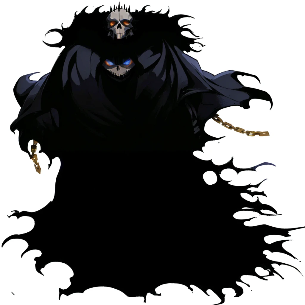 a close up of a person with a skull on a white background, dark cloaked necromancer, dark hooded wraith, dark robed, twisted god with no face, ainz ooal gown, dark supervillain, reaper of night!!!!, the reaper as a scary, powerful male scarecrow, dark cloaked figure, dark lord, dark witch character