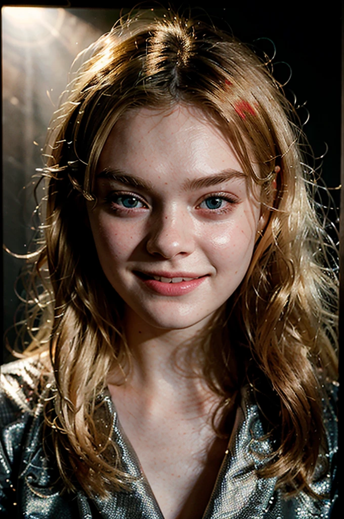 portret of elle fanning. Dark background, bright light up front, detailed face, face tilted to the left, cute smile, blonde hair, even lighting, softbox, soft shadows, bright light lighting her face, looking to the left
