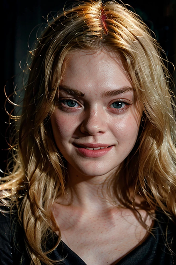 portret of elle fanning. Dark background, bright light up front, detailed face, face tilted to the left, cute smile, blonde hair, even lighting, softbox, soft shadows, bright light lighting her face, looking to the left