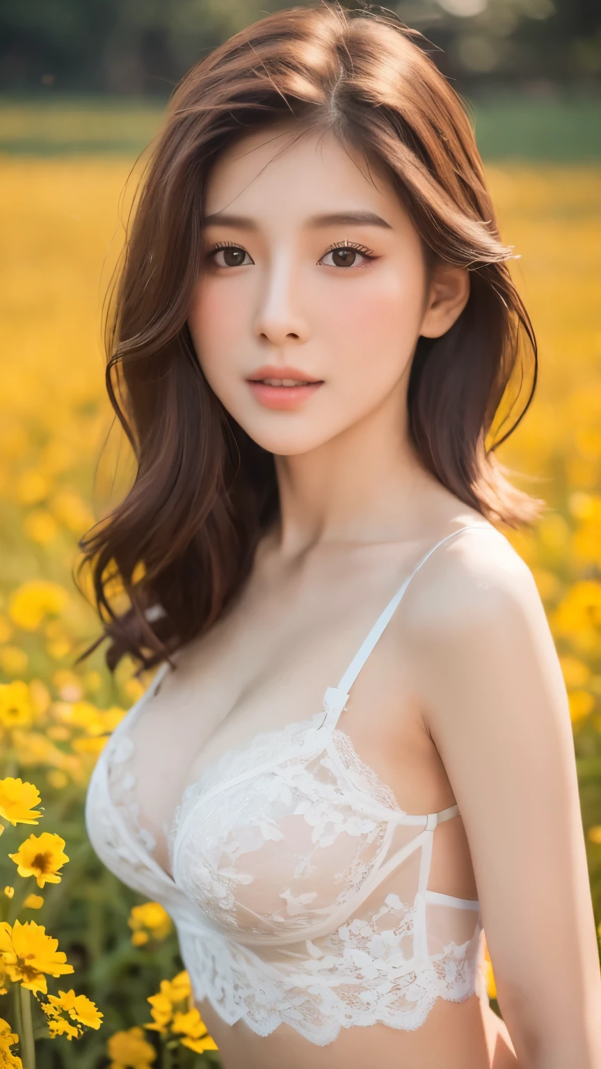 beautiful girl, slender face, Beautiful sharp eyes., short hair, model face, Beautiful makeup, beautiful long straight hair, 18 years old, Wear sexy lace lingerie, big breasts, white skin, In the flower field, Very high detail, 8k, realistic light, portrait, stand