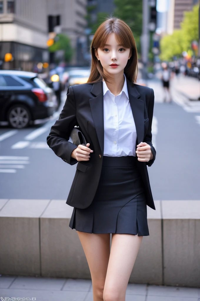 the most beautiful face of a 20 year old actress, perfect proportions of female body, blazer is worn on shirt, female crotch between bare legs, panties are seeable thanks to the very short skirt, in the city, standing, nsfw, best quality, highly detailed, masterpiece, ultra high res, photo realistic, 8k