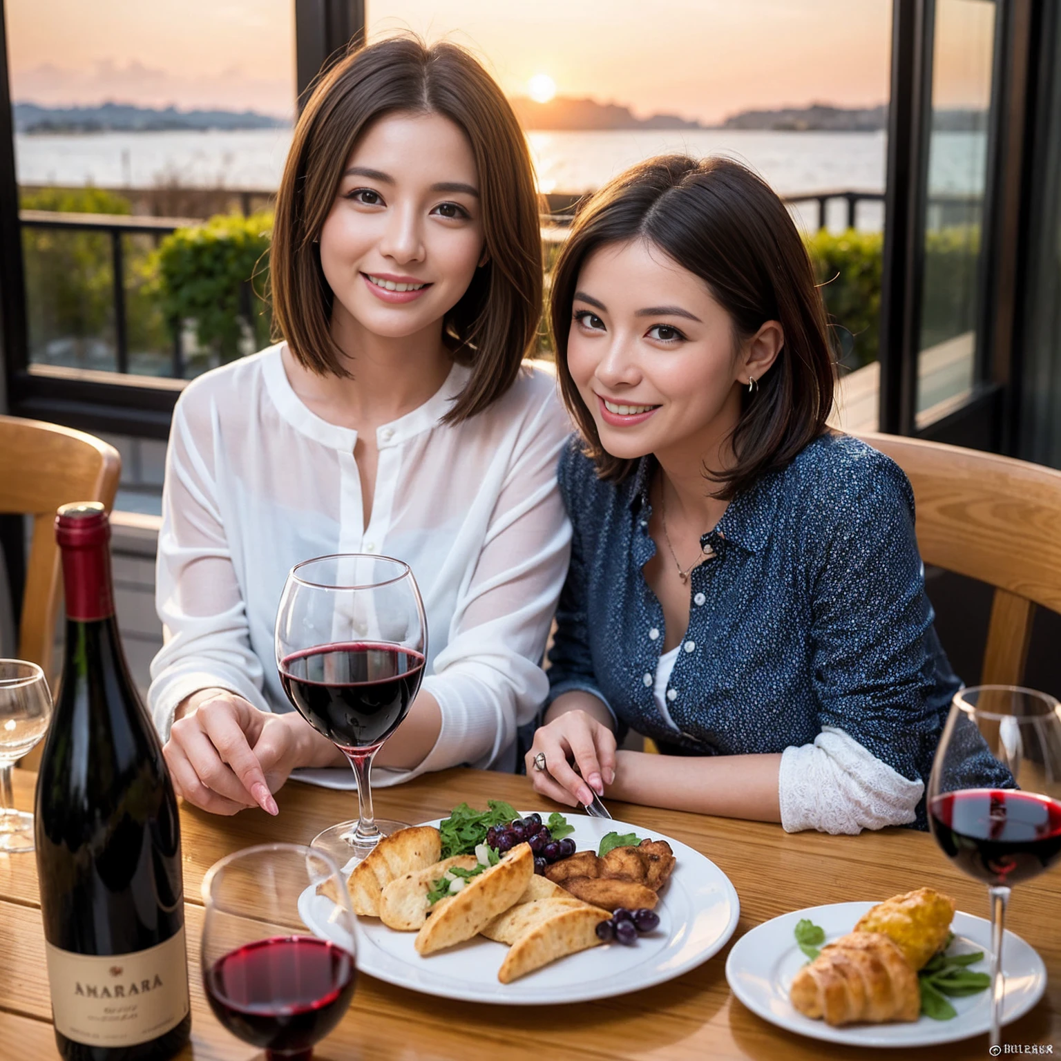 ((Highest quality、8k、masterpiece:1.3))、 (Genuineistic, Genuine、Bright image、Intricate details:1.2), 最高のsmile 男性1人 女性1人、Beautiful couple、lover、Relatives and friends、spouse、actress couple、smile、Full-course dinner at a packed table、 (Slim face), (the body is slim), (Brown Hair), (short hair), テーブルのwine glass、Please shine a light on my face、 Amazing view of the sunset sky and clouds、 (33 years old)38 years old, red wine 、Appetizers、Wine bottle、sparkling wine、Long sleeve shirt、dress、White wine, red wine, wine glass, 