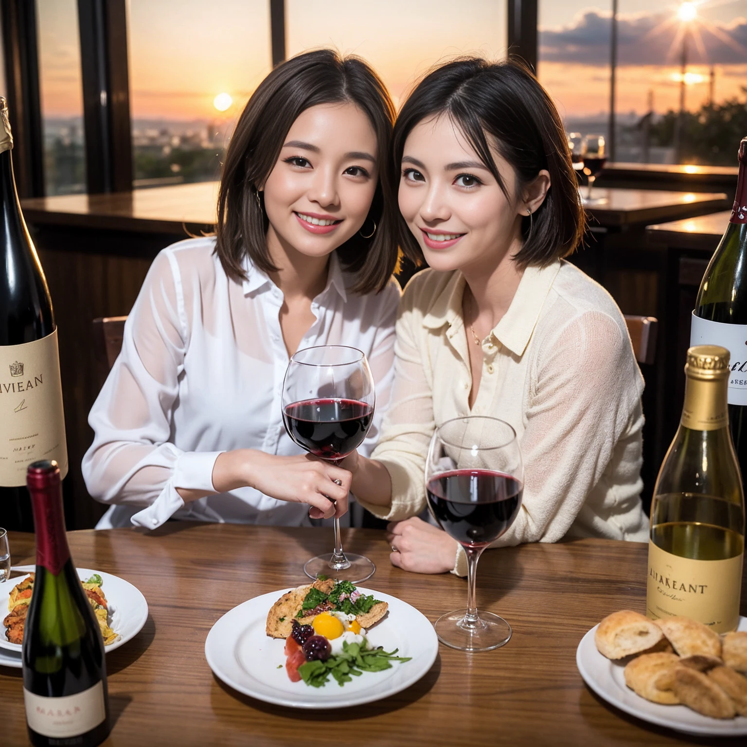 ((Highest quality、8k、masterpiece:1.3))、 (Genuineistic, Genuine、Bright image、Intricate details:1.2), 最高のsmile 男性1人 女性1人、Beautiful couple、lover、Relatives and friends、spouse、actress couple、smile、Full-course dinner at a packed table、 (Slim face), (the body is slim), (Brown Hair), (short hair), テーブルのwine glass、Please shine a light on my face、 Amazing view of the sunset sky and clouds、 (33 years old)38 years old, red wine 、Appetizers、Wine bottle、sparkling wine、Long sleeve shirt、dress、White wine, red wine, wine glass,