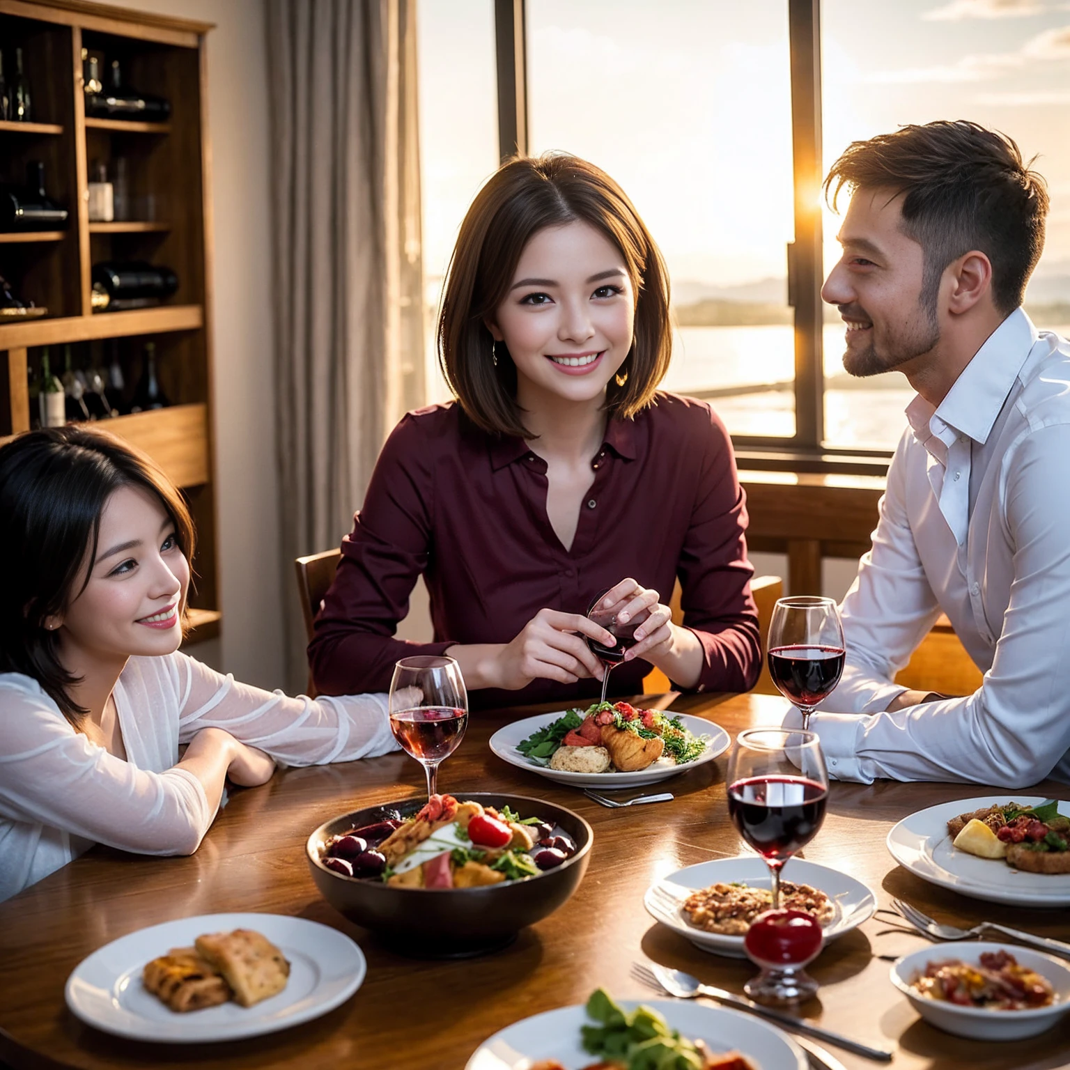 ((Highest quality、8k、masterpiece:1.3))、 (Genuineistic, Genuine、Bright image、Intricate details:1.2), 最高のsmile 男性1人 女性1人、Beautiful couple、lover、Relatives and friends、spouse、actress couple、smile、Full-course dinner at a packed table、 (Slim face), (the body is slim), (Brown Hair), (short hair), テーブルのwine glass、Please shine a light on my face、 Amazing view of the sunset sky and clouds、 (33 years old)38 years old, red wine 、Appetizers、Wine bottle、sparkling wine、Long sleeve shirt、dress、White wine, red wine, wine glass,