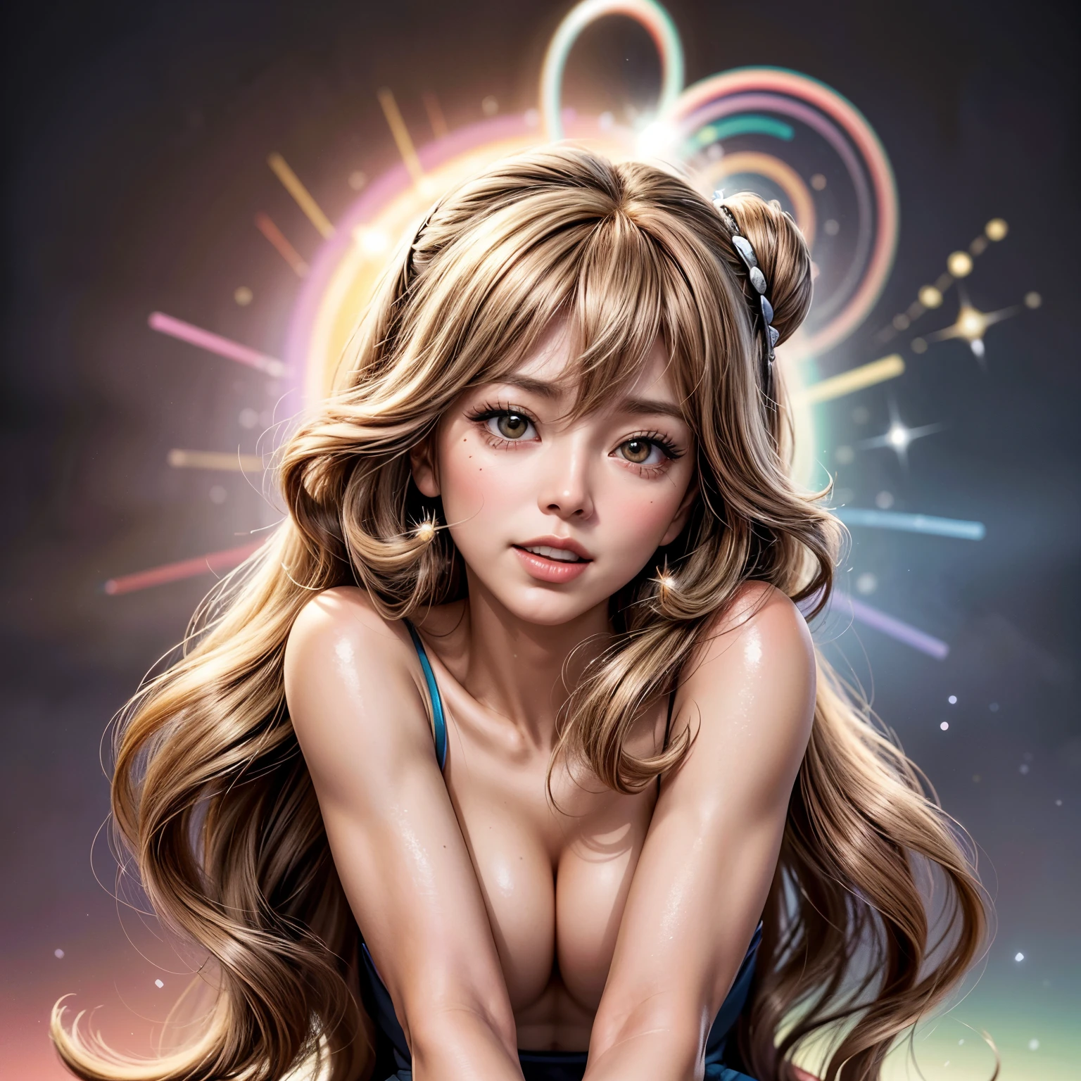 NSFW, 8k, High-level, absurd, masterpiece, best quality, primitive, very detailed CG, very detailed wallpaper, perfect lighting, Extremely detailed ((( personifying " Farrah Fawcett Majors " as a ))), MysticSight, Tyndall effect, Tyndall scattering, (Studio gray background with (Overflowing oodles Dazzling RainbowColorParticles (BokeH))), (RoundlyButts, ThighGap), (Exposed:0.4), (Assfocus with looking ahead) BREAK (Acutance:0.88), (NOGIZAKA face variations) Extremely Detailed very KAWAII face variations, perfect anatomy, Childish, CaptivatingGaze ElaboratePupils detailed Eyes with (sparkling highlights:1.28), (Voluminous LongEyelashes、GlossyRED Lips with beautiful details, RosyCheeks, Radiant PearlSkin with Transparency . { (Dynamic LifeLike expressions:1.4) | :d) }, (large eyes:-1) .