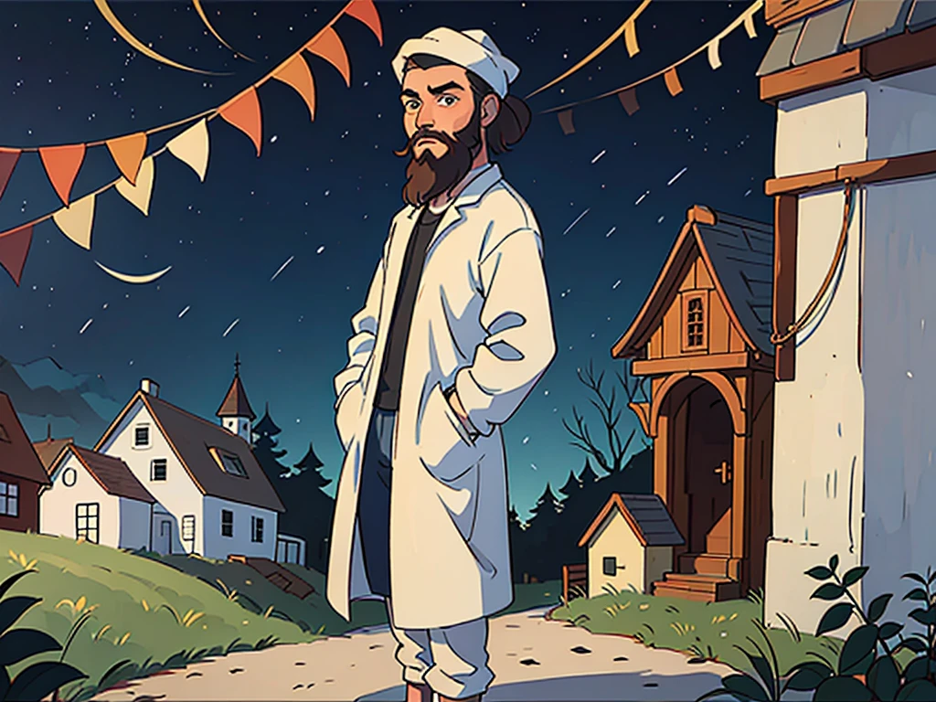 an innocent man of age 55 with beard standing in village in 1975