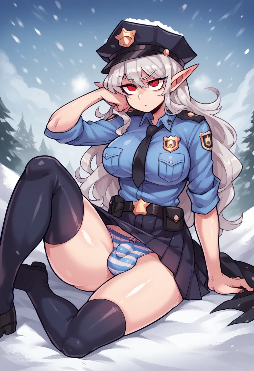 NSFW,((Perfect human body)),One girl, Red eyes, Wavy silver hair, Pointed Ears, vampire, Drooping eyes,Police uniform,Bored look,Police hat,Pleated skirt,Mobile Task Force Equipment,Big Breasts,Hair Flowers, snow, ice, whole body,Character portrait,Skirt rolled up,Striped panties,bulge in the crotch,Character portrait
