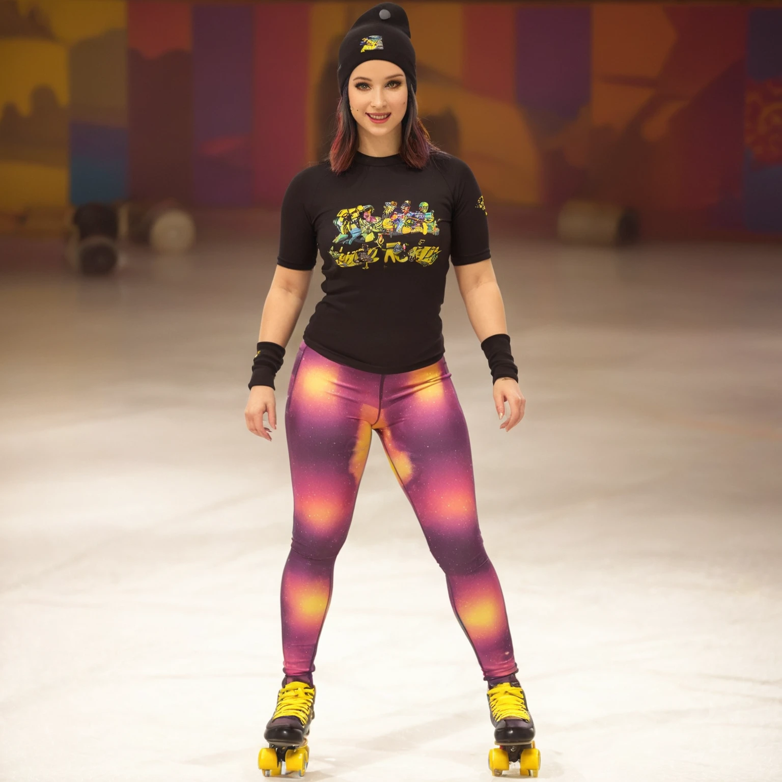 Enji is depicted with roller quad skates featuring two yellow wheels. She's dressed in printed tight lycra and sports a beanie on her head. The setting is a roller skating rink, rendered with sharp details and vivid colors.