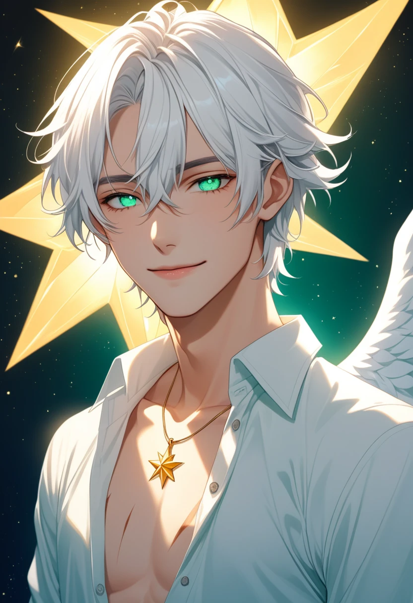 solo, 1 person, The light from behind, gorgeous background, Angelic appearance, White Angelic Clothes, A very slightly unbuttoned white shirt, Star-shaped scars on the neck, The eyes are turquoise-green in color with yellow illumination and white pupils in the shape of a star, A small scar above the eye, Slightly unbuttoned shirt, Shining white hair reaches the jaw separates, becomes longer up to the coccyx, beautiful guy, skinny body, smile, cute lips, extremely beautiful guy smiling, gorgeous clothes