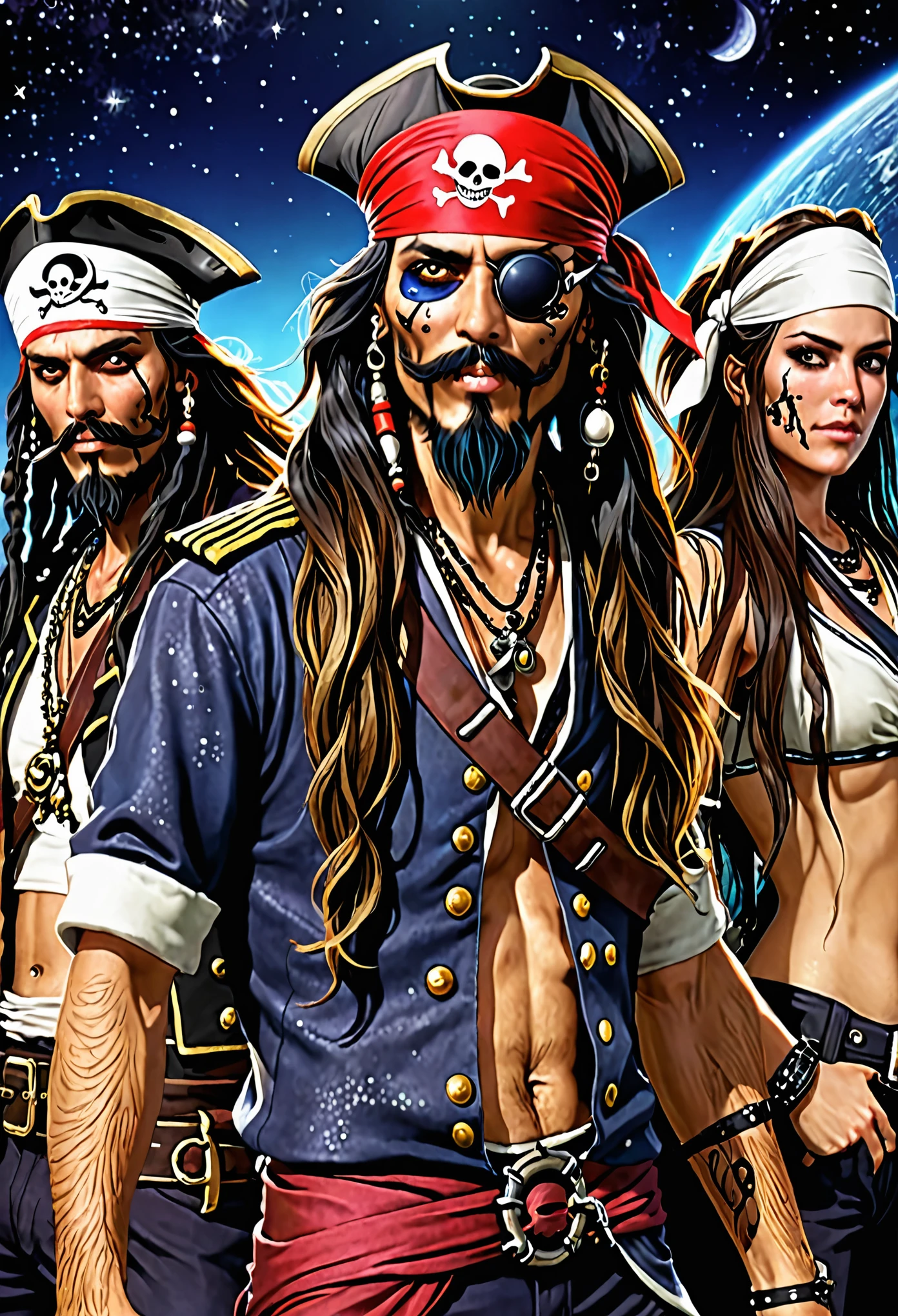 Space pirates, eyepatches, facial scars, long damp hair, bandanas, skulls, sailors,