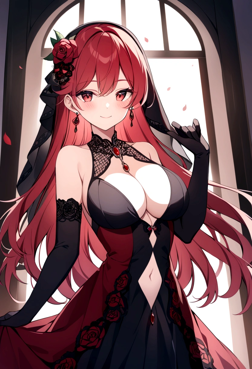 slender, mature female, 1girl, rating:safe, gloves, breasts, earrings, elbow_gloves, dress, long_hair, jewelry, flower, red_hair, solo, black_gloves, rose, cleavage, red_eyes, smile, looking_at_viewer, red_flower, red_rose, navel, large_breasts, black_dress, indoors, bare_shoulders, navel_cutout, very_long_hair, veil, light_particles, red_dress, bangs, eyebrows_visible_through_hair, blush, center_opening, sleeveless, blurry, hair_flower, closed_mouth, hair_ornament, sleeveless_dress, lace, petals, hand_up, hair_between_eyes, standing, black_rose, black_flower, brooch, rose_print, light_rays, depth_of_field, necklace