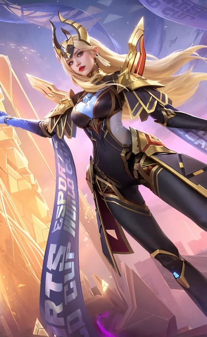 (female:1.2), 8k, ultra hd, ultra detailed texture, hyper realistic, masterpiece, detailed texture, detailed face, detailed skin, detailed lighting, (photorealistic:1.5), best quality, beautiful lighting, cinematic lighting, professional lighting, ultra highres, realistic, detailed hair, real hair, high quality, (realskin:1.5), extremely detailed, finely detail, ultra-detailed, 1girl, solo, elf, pointy ears, standing, demon horns, forehead protector, (red eyes:1.5), v-shapped eyebrow, lips, red lips, evil smile, nose, make up, pretty, beautiful, cute face, long hair, blue hair, high ponytail, large breasts, cleavage, armpit, navel, stomach, black armor, pauldrons, bare shoulders, shoulder armor, thigh high, sleevless, detached sleeves, breastplate, gauntlets, karina \(mobile legends\), depth of field, looking aways, white skin, skin tight, amazing pose, outdoors, glowing, dark view, blurry background