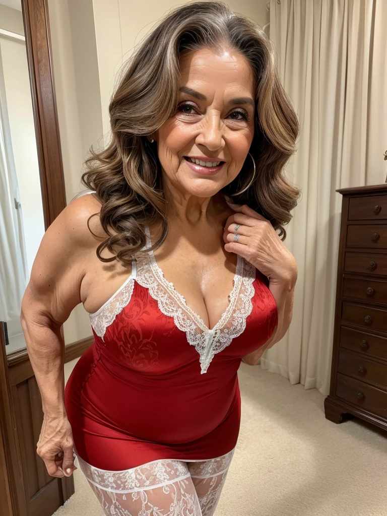 Mature old woman 80 years with long curly brown hair, plus size, old face and body with many wrinkles, smiling, loose skin, standing at bedroom posing for photo, She wearing white satin dress with red print and large neckline and lace stockings, side view. jaw dropping mature older beauty, old face and body with wrinkles, old face, attractive grandma, a gorgeous old hair, beautiful old grandma, lovely older mature grandma, gorgeous beautiful grandma over 80 years old, beautiful long curly brown hair grandma, beautiful detailed body and face, a beautiful old granny