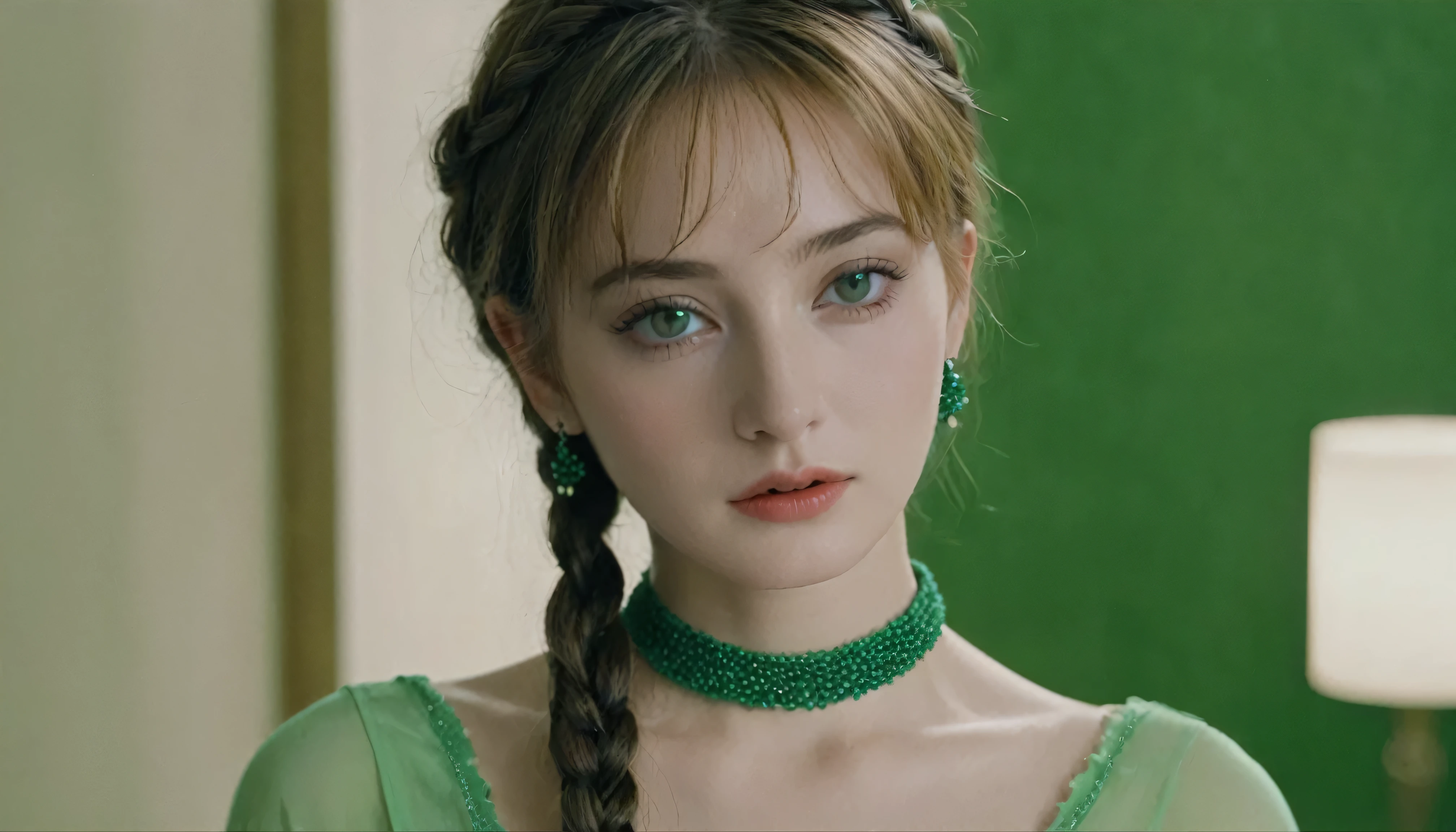 Sadhishink, La Bette Movie, By Valerian Borowczyk, erotic, 1 of 1 girls, green_eye, Blurred, Blurred_background, Braiding, choker, depth_of_Field, dress, Earrings, eyelash, freckles, hair_that's all_shoulder, jewelry, lips, length_hair, length_sleeve, Looking_in_Audience, necklace, Between, Inflated_length_sleeve, Inflated_sleeve, Realistic, single_Braiding, One person in, twin_Braidings, upper_body