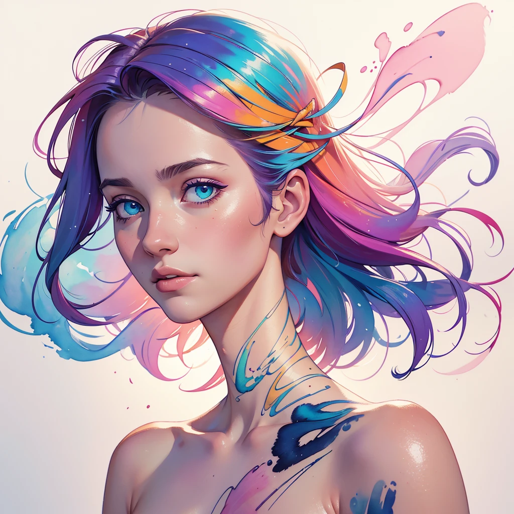 (8k, best quality, masterpiece:1.2),(best quality:1.0), (ultra highres:1.0), watercolor, a beautiful woman, shoulder, hair ribbons, by agnes cecile, half body portrait, extremely luminous bright design, pastel colors, (ink:1.3), autumn lights,