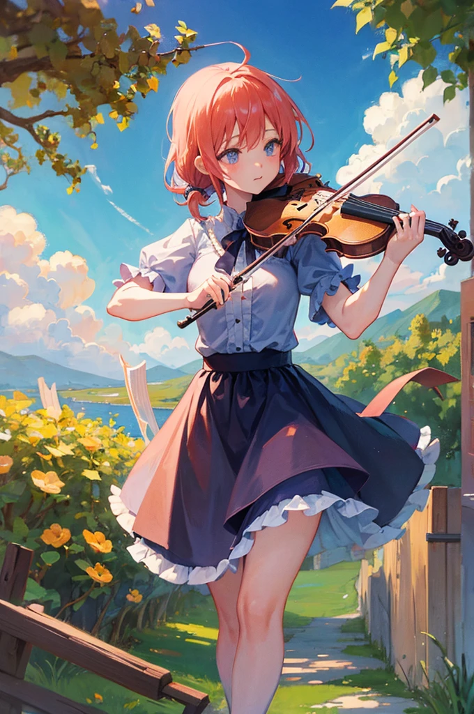 anime girl playing violin under a mystical sky