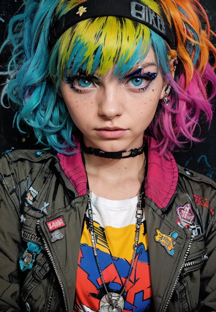 A striking portrait of a young woman with vibrant, multicolored hair styled in a punk rock aesthetic. She has piercing blue eyes, freckled skin, and a bold expression on her face. The woman is wearing a distressed denim jacket covered in colorful patches and pins, over a graphic t-shirt. The background is dark and moody, with splashes of neon colors and graffiti-inspired elements.