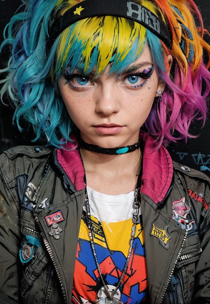 A striking portrait of a young woman with vibrant, multicolored hair styled in a punk rock aesthetic. She has piercing blue eyes, freckled skin, and a bold expression on her face. The woman is wearing a distressed denim jacket covered in colorful patches and pins, over a graphic t-shirt. The background is dark and moody, with splashes of neon colors and graffiti-inspired elements.