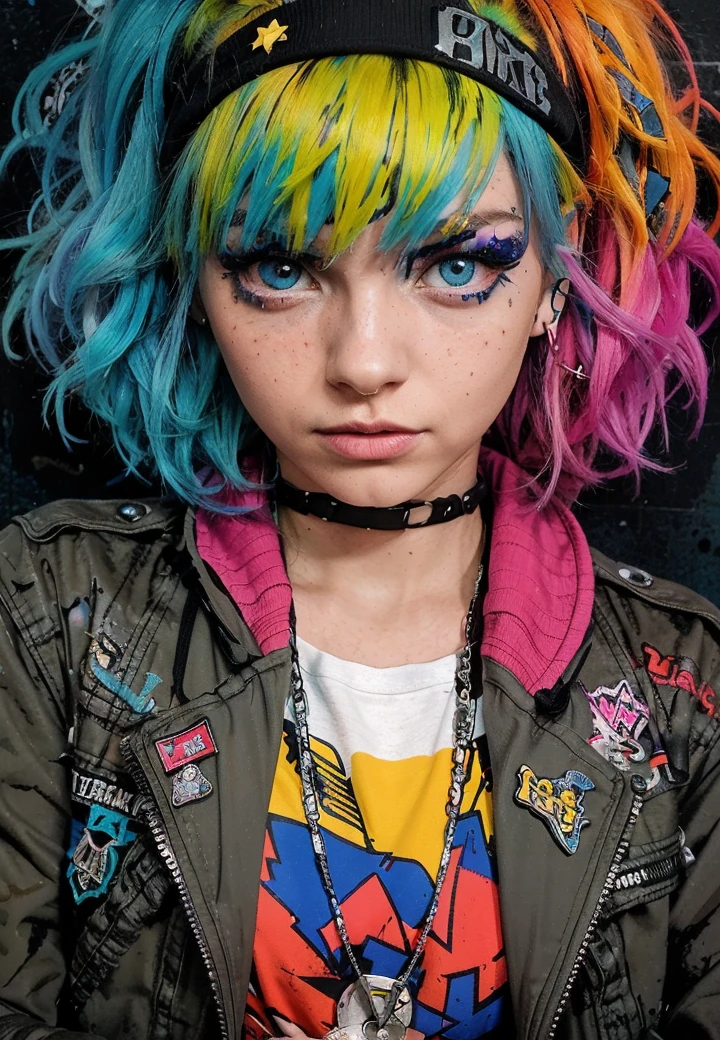 A striking portrait of a young woman with vibrant, multicolored hair styled in a punk rock aesthetic. She has piercing blue eyes, freckled skin, and a bold expression on her face. The woman is wearing a distressed denim jacket covered in colorful patches and pins, over a graphic t-shirt. The background is dark and moody, with splashes of neon colors and graffiti-inspired elements.