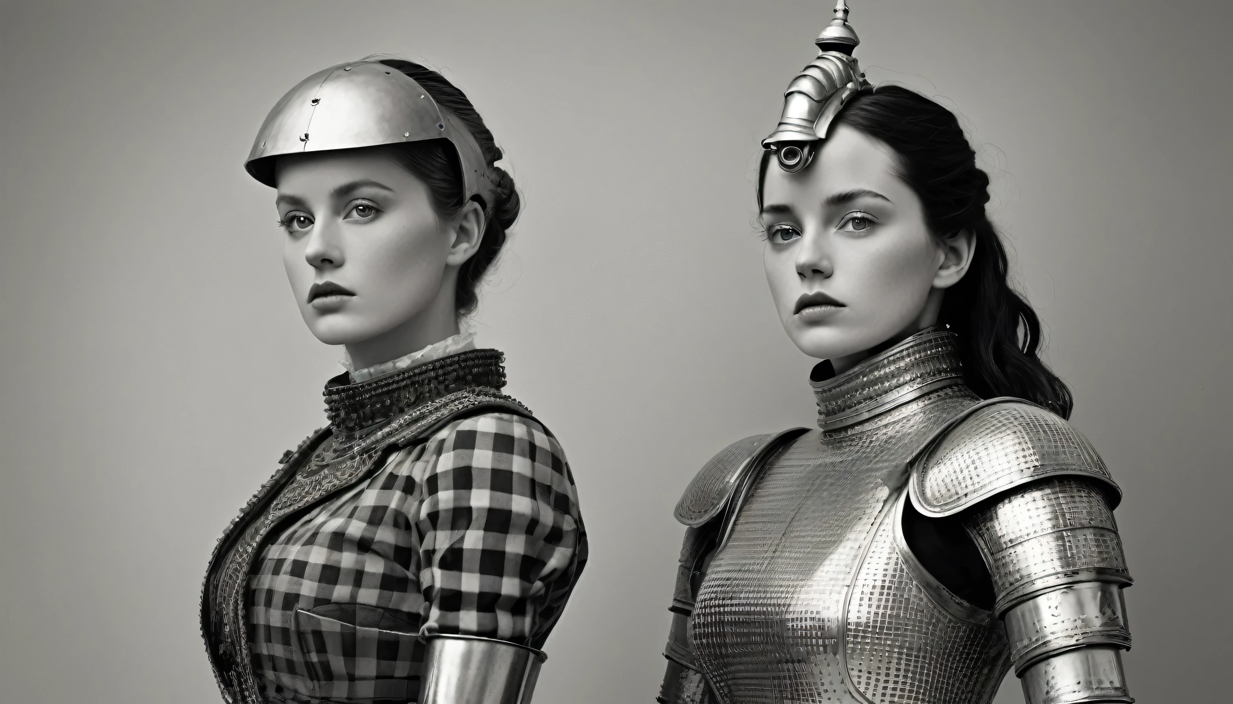 Robot and costumed woman side by side, Inspired by Victorian science fiction, Hugh Kretschmer, Checkered clothing, wearing ornate armor, Daguerreotype photo, Filmed 2009, Cinematic widescreen footage, Black and white color photography, Fashion photography art, society!, mad max style, Scottish folklore, Kenny McBride  