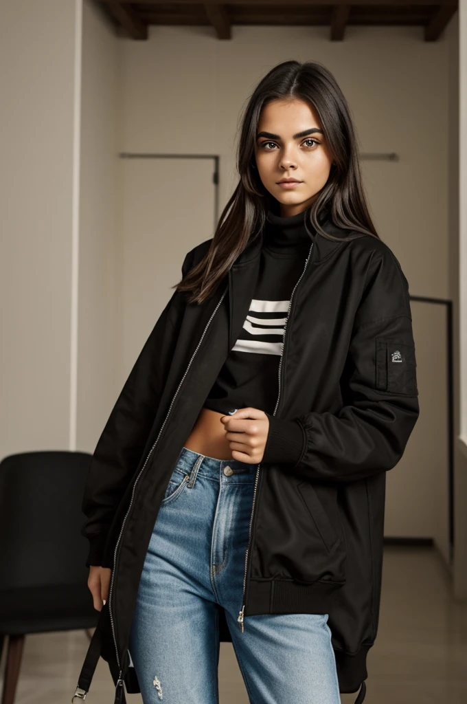 photograph of a 20 year old woman, cara perfecta, Obra maestra, Bien, ropa interior, negro_Bien, Chaqueta, negro_bragas