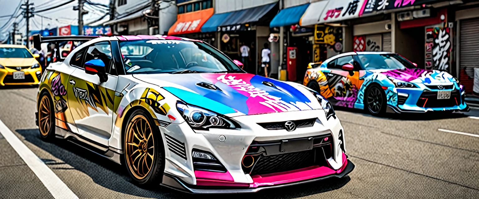 2台のスポーツカーがdriftをしている、Toyota 86、nissan GTR、The hood has an anime girl printed on it、Car wrapping、drift、battle、Passage、Speed