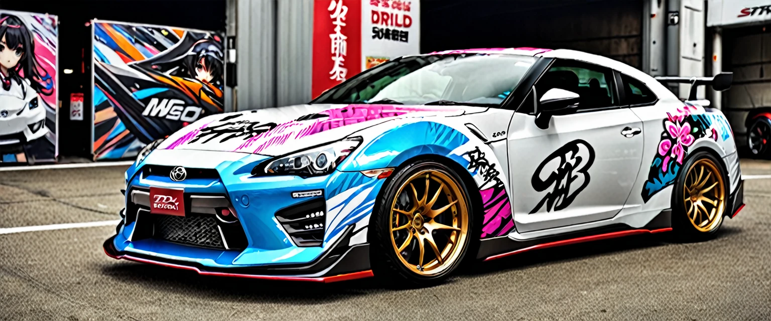 2台のスポーツカーがdriftをしている、Toyota 86、nissan GTR、The hood has an anime girl printed on it、Car wrapping、drift、battle、Passage、Speed