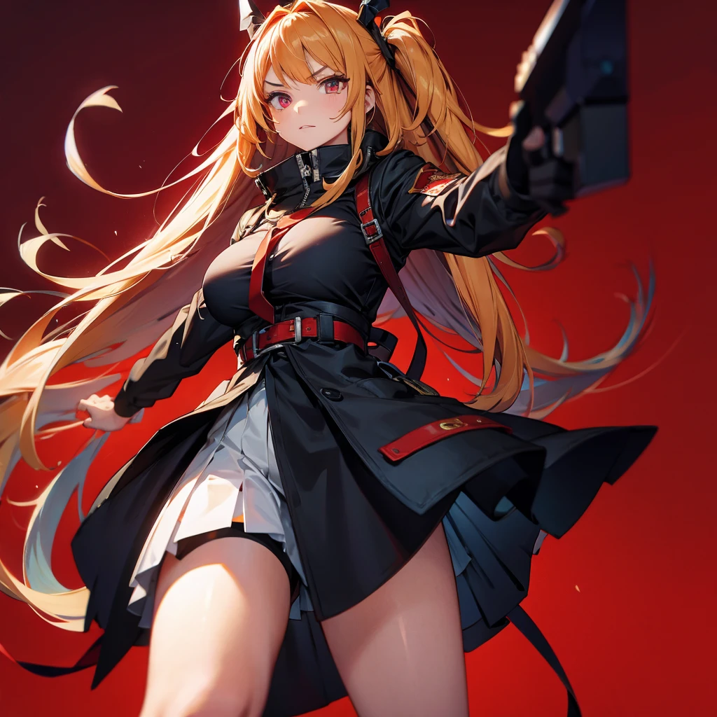 Dynamic composition、((Perspective Lens, Woman with long hair,  Dynamic poses with serious and mean expressions, Holding a large Barrett MB2A1 with both hands)) ((Pure Red Background:1.2)),Anime Style、Detailed eyes、Looks like she&#39;s in her early 20s,Shooting in mid-motion,With her long braided hair fluttering. Her outfit is reminiscent of a butterfly,Black, red and gold colour palette,Be playful.Wearable device: A futuristic goggle-like device that allows one eye to see enemies、