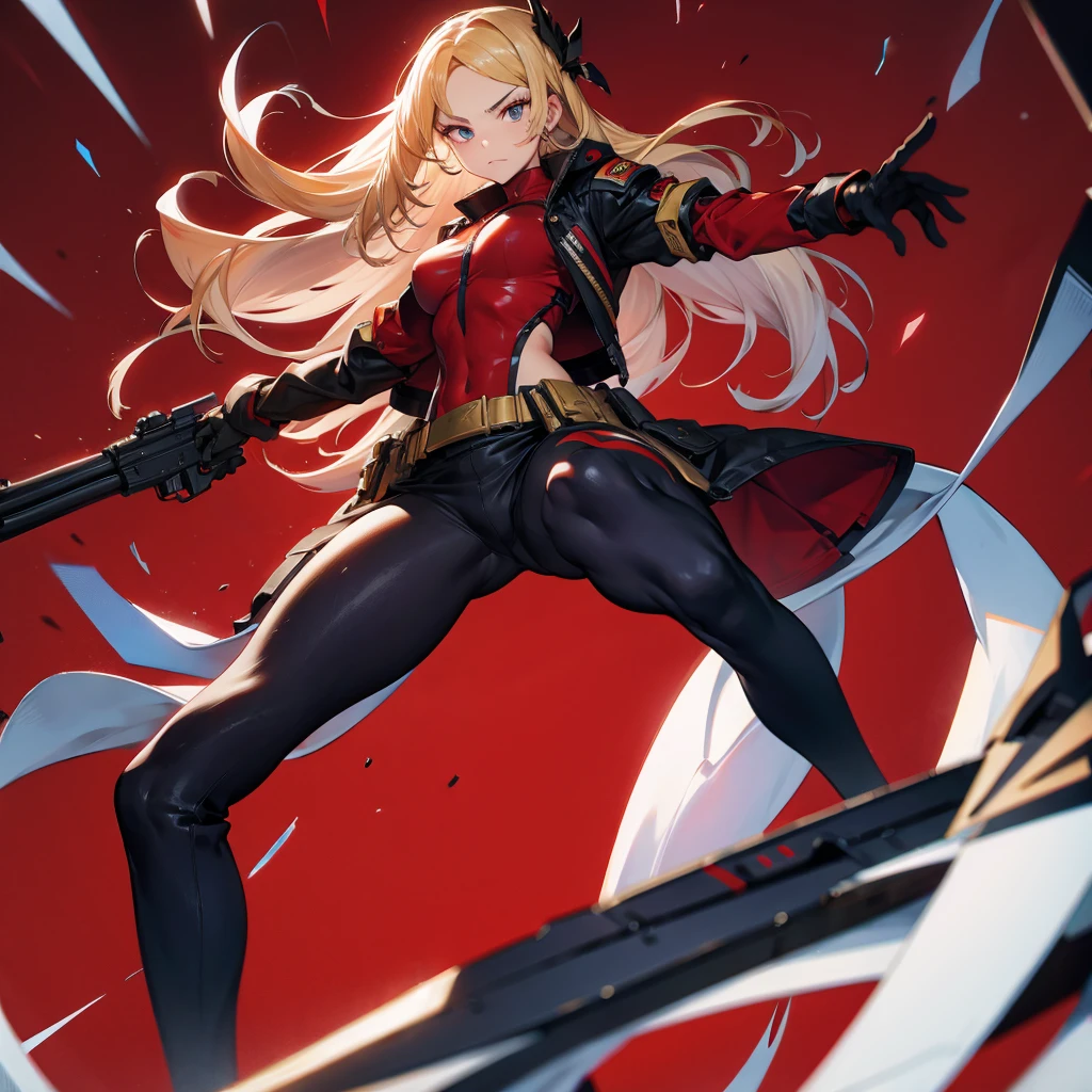Dynamic composition、((Perspective Lens, Woman with long hair, Dynamic poses with serious and mean expressions, Holding a large Barrett MB2A1 with both hands)) ((Pure Red Background:1.2)),Anime Style、Detailed eyes、Looks like she's in her early 20s,Shooting in mid-motion,With her long braided hair fluttering. Her outfit is reminiscent of a butterfly,Black, red and gold colour palette,Be playful.Wearable device: A futuristic goggle-like device that allows one eye to see enemies、