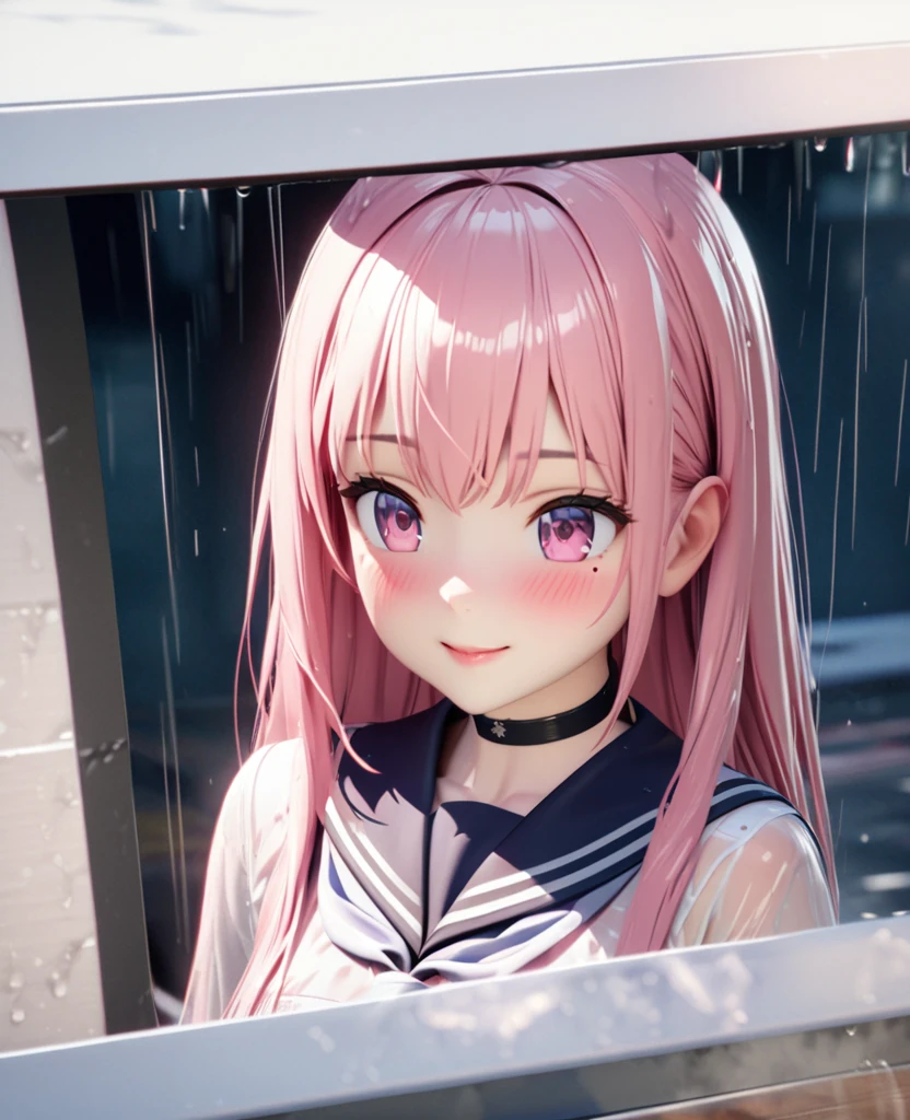 masterpiece, best quality, very detailed, high resolution, expensive solution, high resolution, 4k, 8k, Unity 8k wallpaper, highly detailed CG, masterpiece, 2d, 3d, beautiful details, depth, fine texture, best quality: 1.3, total concentration, transparent skin, him, very cute anime girl, expensive pink long hair, one girl, high school sailor uniform, on the way home from school, it was raining heavily and she was soaking wet. The sailor uniform was see-through, her hair was soaking wet, smiling long pink hair, full body, on the way home from school, heavy rain, mole under eye, gaze, expensive, blush, lips parted, heart, pink eyes, choker