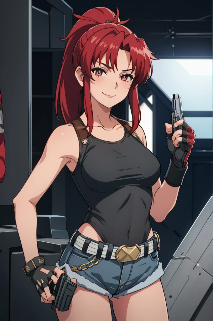 1girl, cute, sexy, red hair, cowboy shot, solo, revy, evil smile, holding gun, handgun, pistol, ponytail, tank top, fingerless gloves, denim shorts, holster, belt, newest