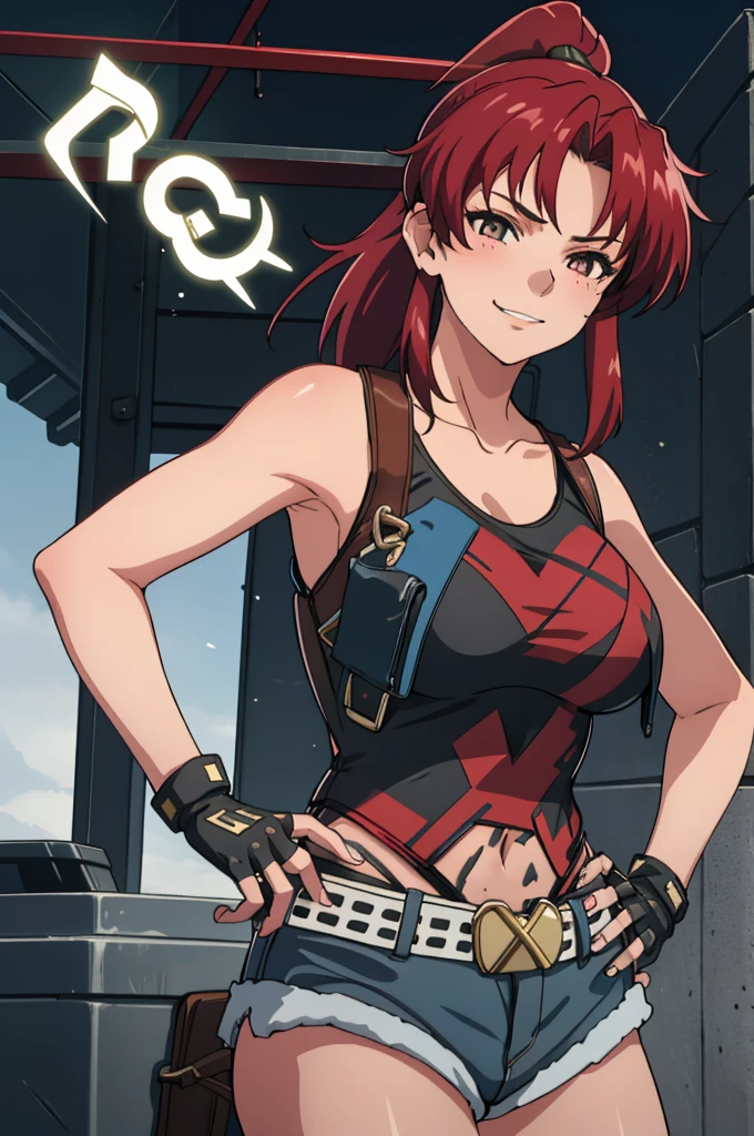 1girl, cute, sexy, red hair, cowboy shot, solo, revy, evil smile, holding gun, handgun, pistol, ponytail, tank top, fingerless gloves, denim shorts, holster, belt, newest