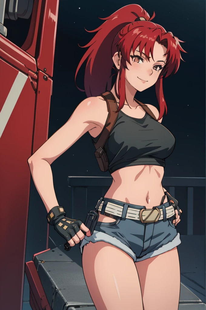 1girl, cute, sexy, red hair, cowboy shot, solo, revy, evil smile, holding gun, handgun, pistol, ponytail, tank top, fingerless gloves, denim shorts, holster, belt, newest