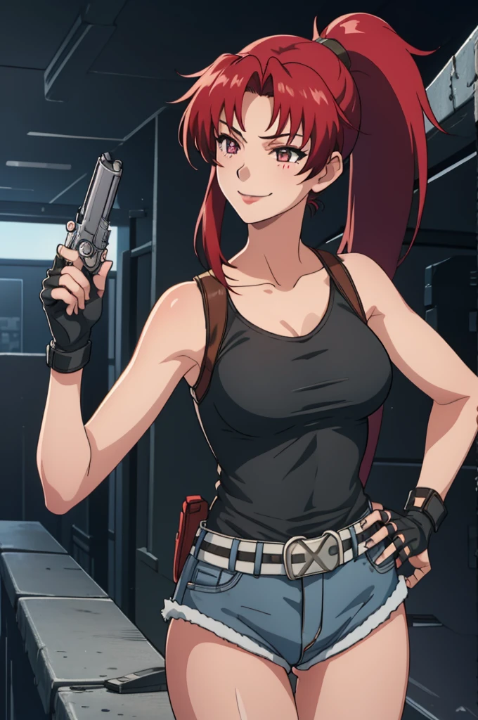 1girl, cute, sexy, red hair, cowboy shot, solo, revy, evil smile, holding gun, handgun, pistol, ponytail, tank top, fingerless gloves, denim shorts, holster, belt, newest