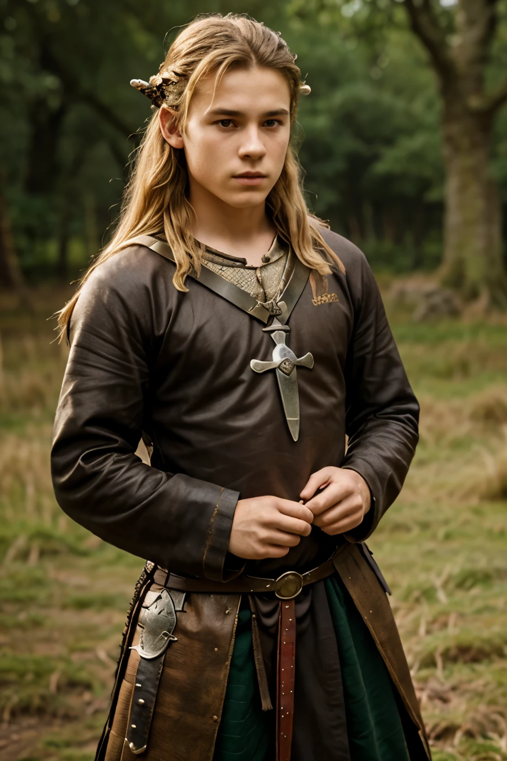 England, 878. A young ((((16-year-old)) Uhtred)), viking boy, fierce, ((((viking clothings from the 870s)))), ((blonde hairstyle of the 870s)), ((colorful, Monet))