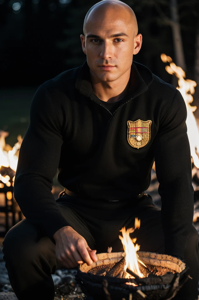 ((8k ((best quality)), ((masterpiece)), (very detailed), real face bald male muscular male soldier upper body wear black pullover sit by campfire at night