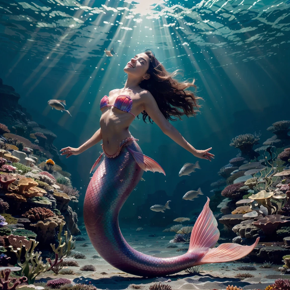 (Highest quality,4K,High resolution),A age boy meets a mermaid in the lagoon,Magical transformation into a cute mermaid,Pink Eyes,Long black hair,Happy expression,Gender reversal,Seashell bra,Pink mermaid tail,Underwater Scene,Carbonated water,Coral Reef,Seagulls flying in the background,Quiet atmosphere,Colorful fish swimming,Soft sunlight shining through the water(Underwater lighting),Subtle ripples on the surface of the water,Bright and vibrant colors,Whimsical and dreamy setting.