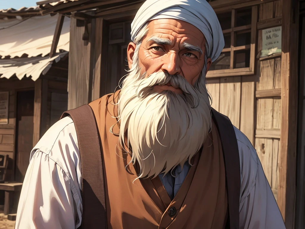 an innocent man of age 55 with beard standing in village in 1975