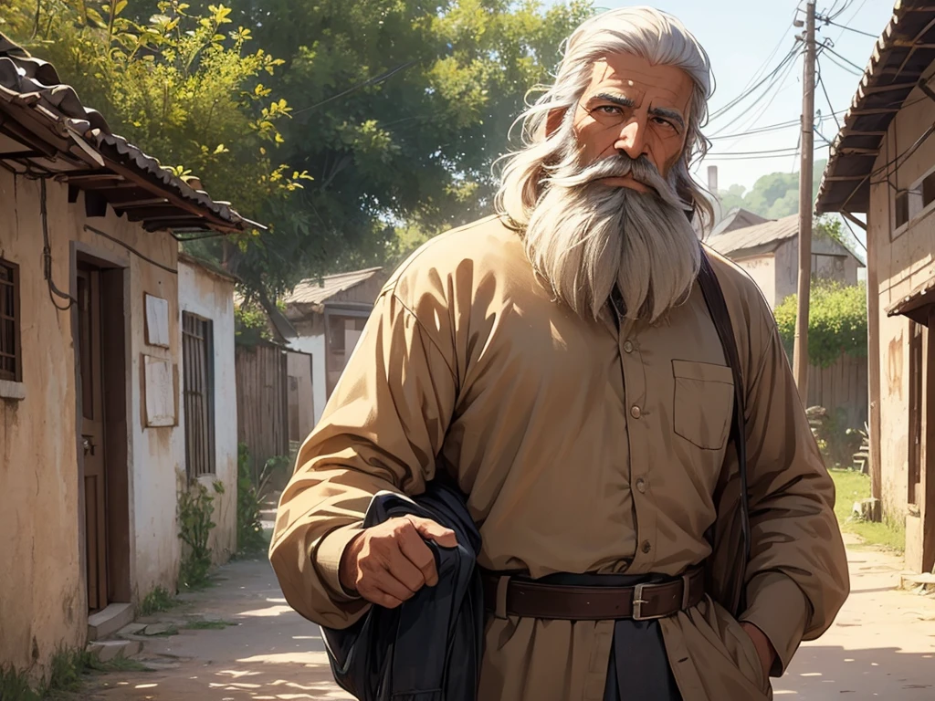 an innocent man of age 55 with beard standing in village in 1975